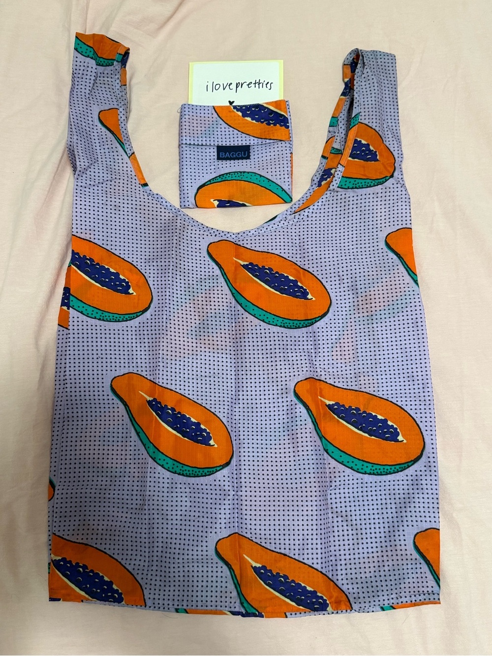 BAGGU Lavender Tote with Orange and Teal Papaya Print